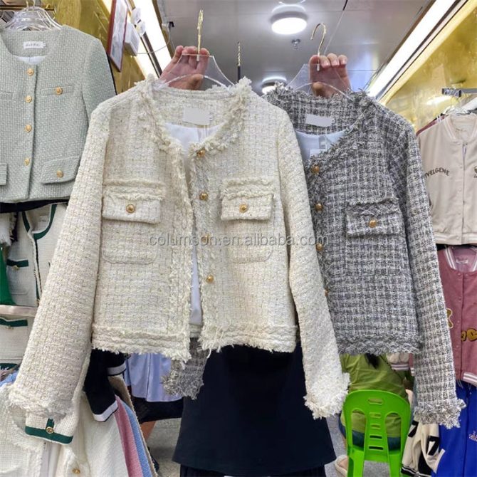 Wholesale  Autumn Small Fragrant Coat Celebrity Style Pocket Tweed Splicing Short Woolen Top casual coat for women - Image 3