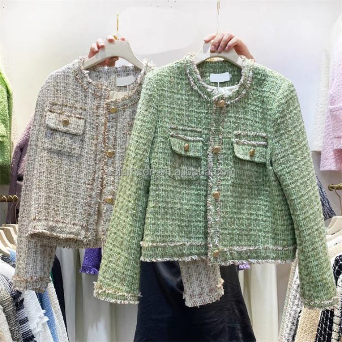 Wholesale  Autumn Small Fragrant Coat Celebrity Style Pocket Tweed Splicing Short Woolen Top casual coat for women - Image 2