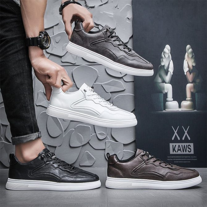 Men's Board Shoes Soft Leather Other Trendy Casual Shoes Lace-up Sneakers Low Top Head of Cowhide for Men PVC Honeycomb Kuang Qi - Image 2