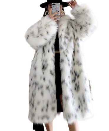 Wholesale Winter Black Spotted White Faux Fox Fur Overcoat Women's Teddy Coat