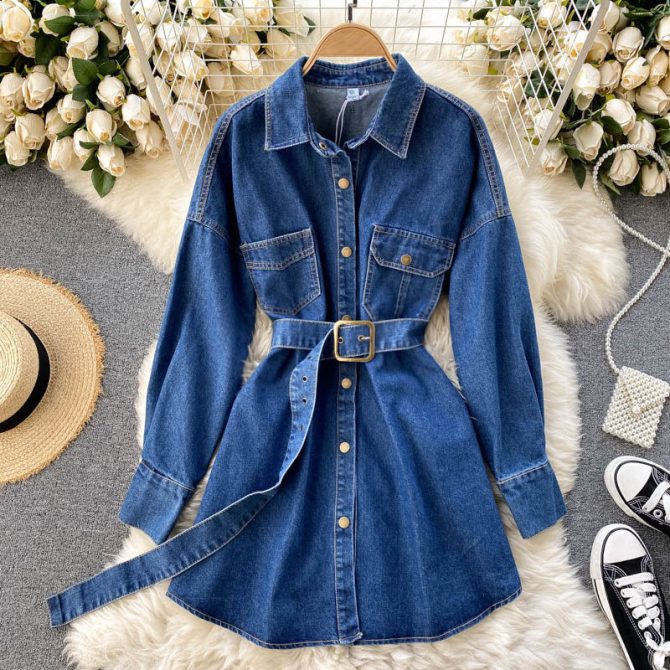 Wholesale Denim Shirt Women's Spring And Autumn 2023 New Belt Wear Long Sleeve Loose Inside Wear Medium Long Coat
