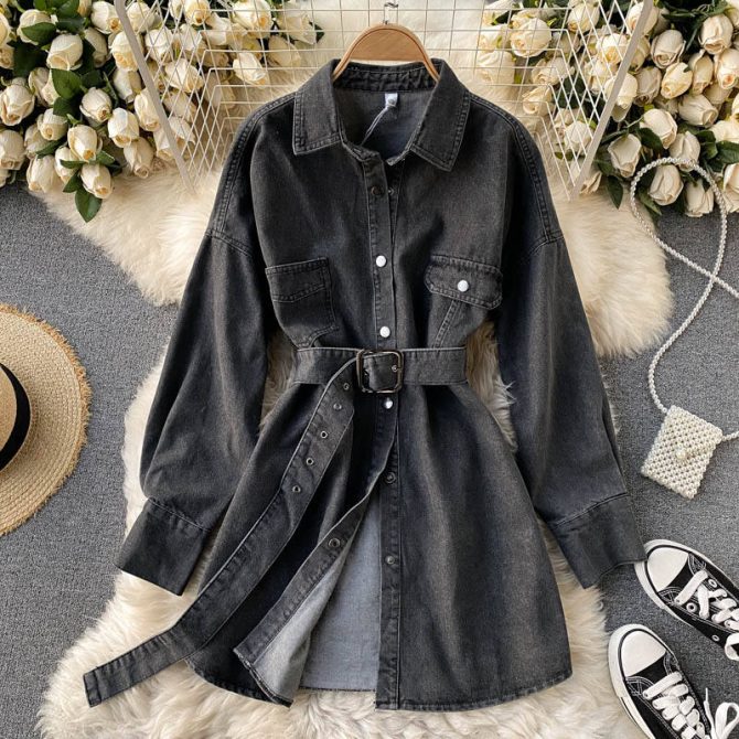 Wholesale Denim Shirt Women's Spring And Autumn 2023 New Belt Wear Long Sleeve Loose Inside Wear Medium Long Coat - Image 2
