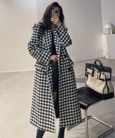 Quality 2023 Winter S-2XL Overcoat Women's White and Black Long Houndstooth Coat Jacket