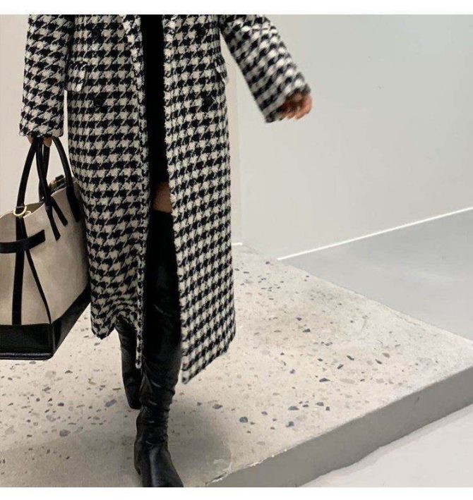 Quality 2023 Winter S-2XL Overcoat Women's White and Black Long Houndstooth Coat Jacket - Image 6