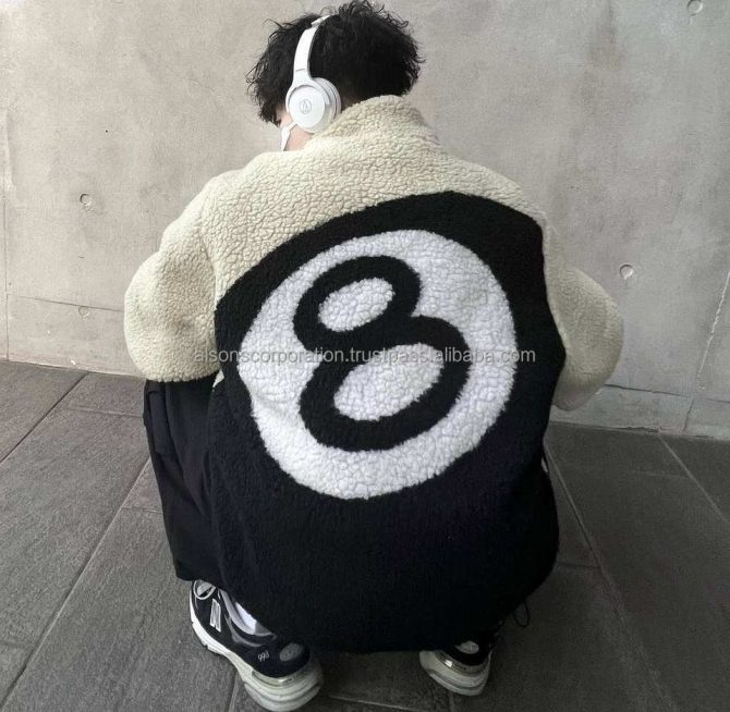 New teddy branded outdoor polar print 8 ball winter sherpa jacket for men Reversible sherpa fleece wholesale fur streetwear hip - Image 6