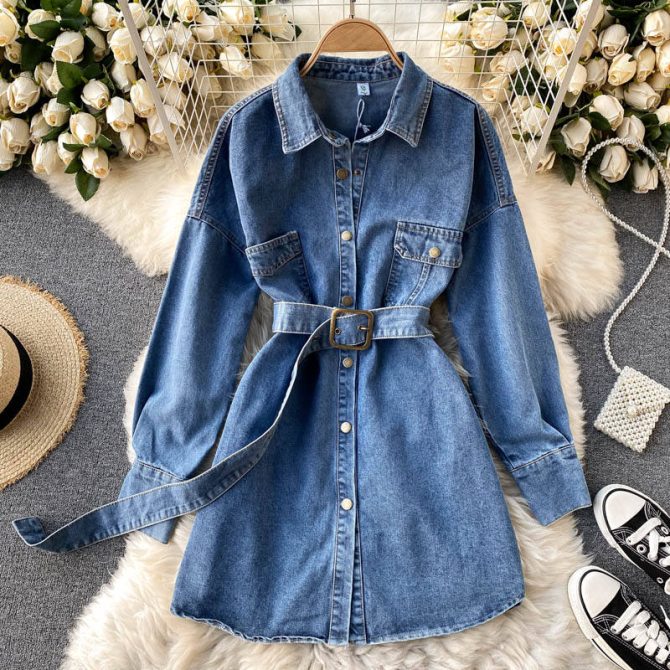 Wholesale Denim Shirt Women's Spring And Autumn 2023 New Belt Wear Long Sleeve Loose Inside Wear Medium Long Coat - Image 3